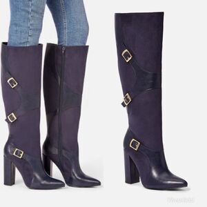 JUSTFAB Yelda Navy Blue Gold Buckle Knee High Heeled Pointed Toe Boots